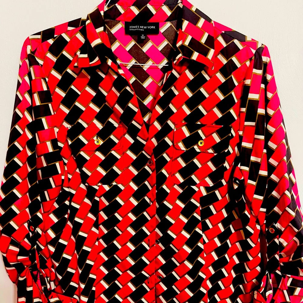 Jones of NY button down pink, brown, white blouse/gold accent buttons,  2pockets